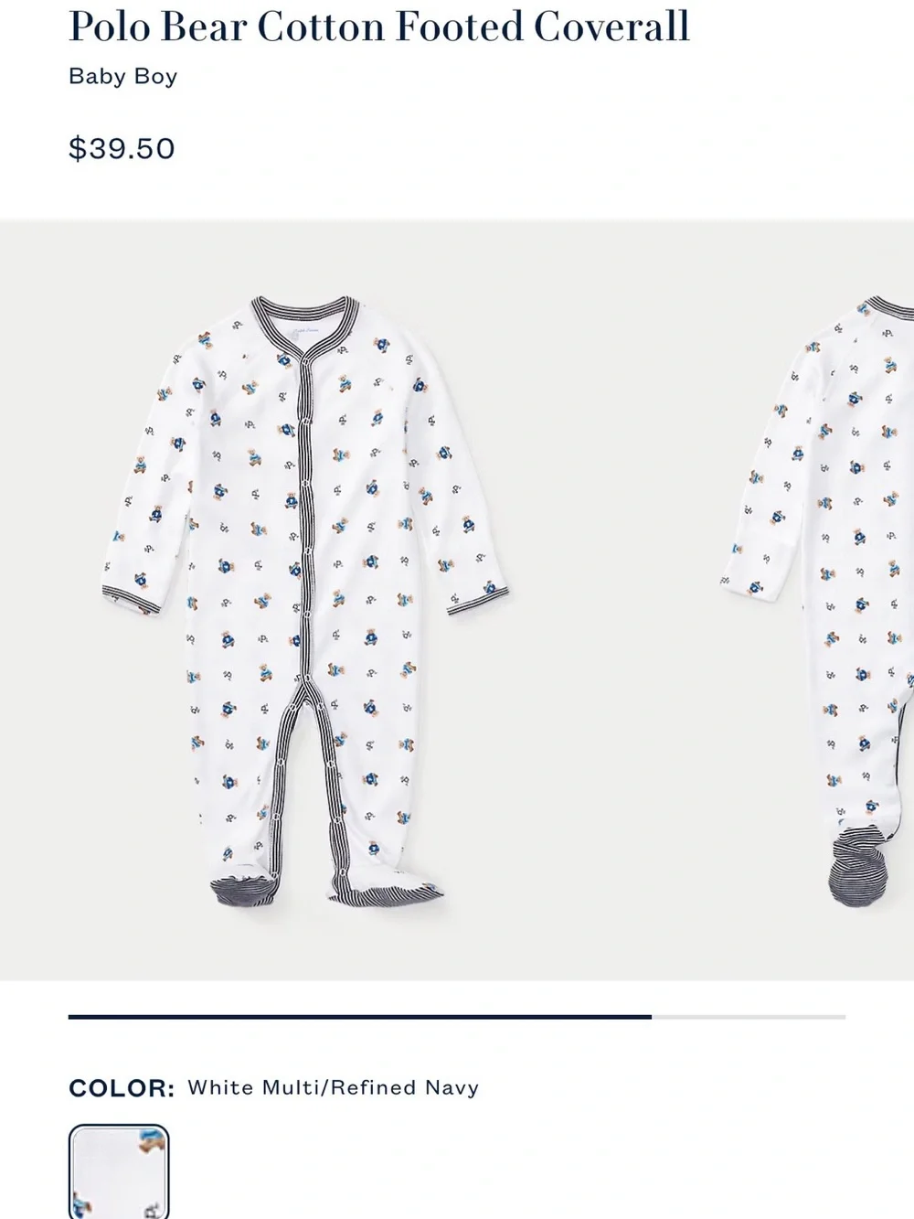 Ralph Lauren White Footed One-Piece with Navy Trim and Bear Print 9 months
